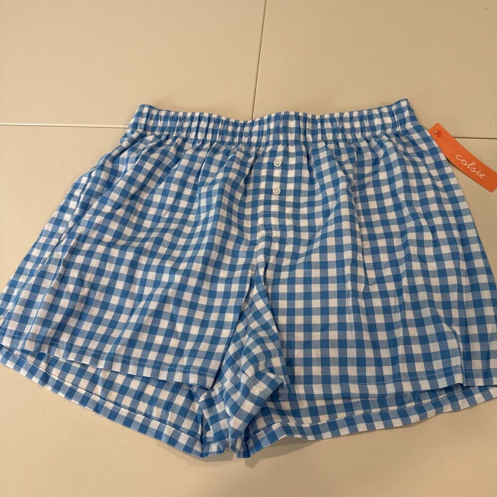 Women’s Boxer Pajama Shorts - Colsie™ Blue Gingham S Cotton Flannel NEW